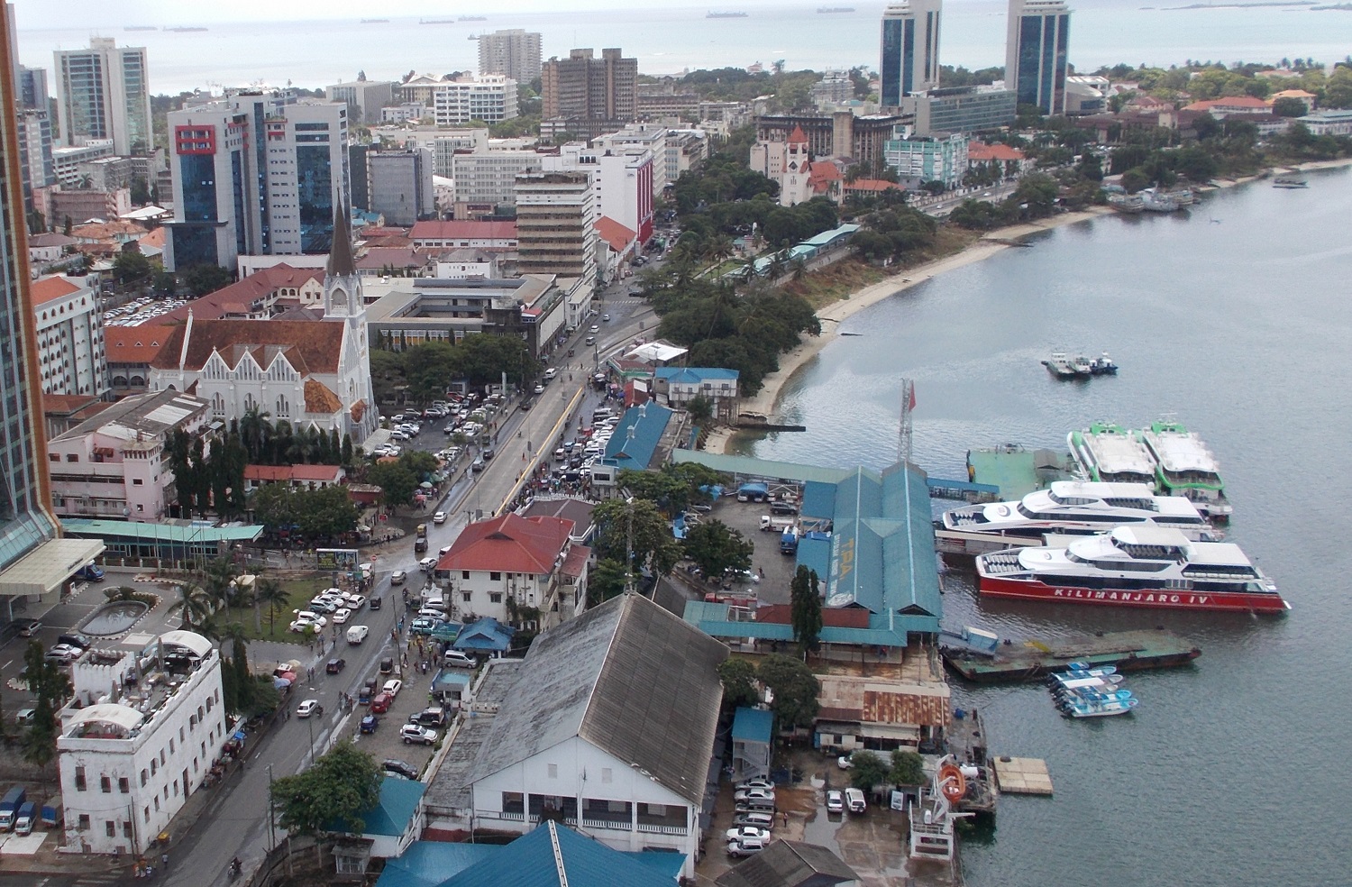 Aerial view of the Zanzibar passenger-ferry terminal beside St Joseph Cathedral in Dar es Salaam